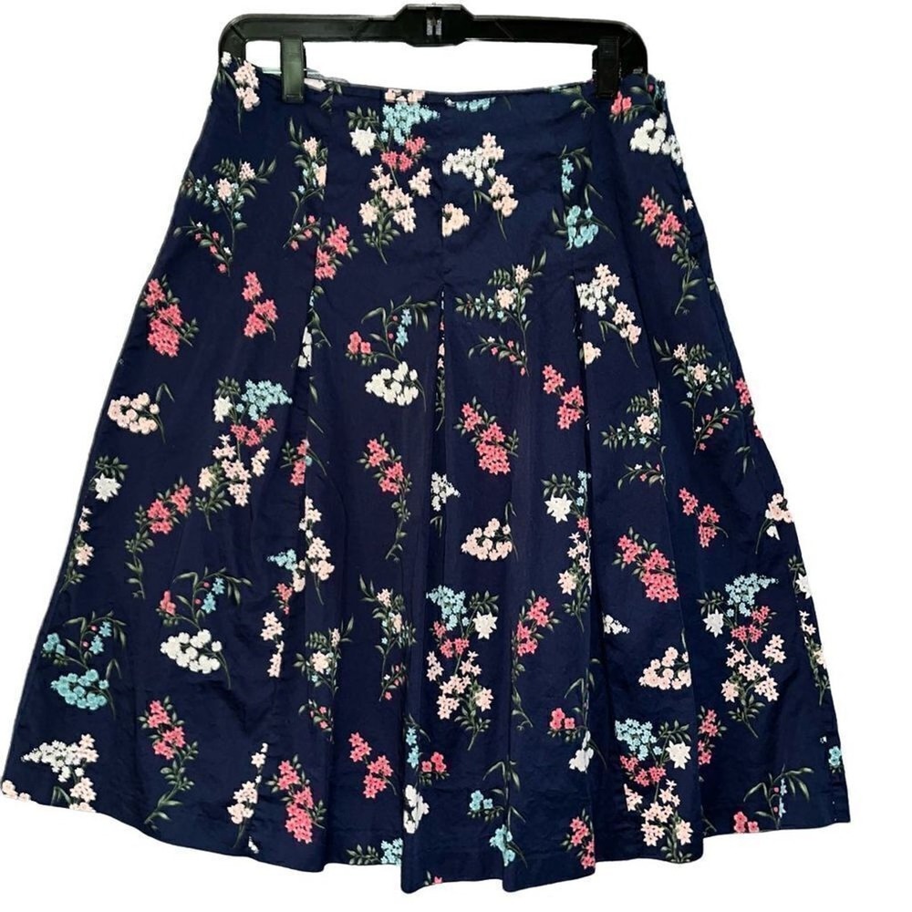 Charter Club Navy Blue Floral A-Line Pleated Cotton Skirt Size 4 Knee Length